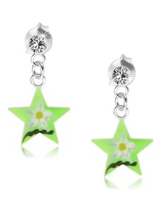 Ekszer Eshop - 925 ezüst fülbevaló, zöld csillag virággal, átlátszó Swarovski kristály PC11.03
