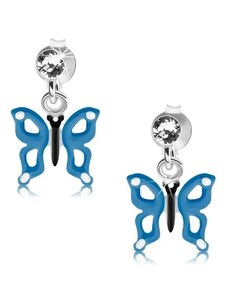 Ekszer Eshop - 925 ezüst fülbevaló, kék-fehér pillangó kivágásokkal a szárnyain, kristályok PC18.18
