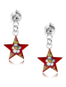 Ekszer Eshop - Beszúrós fülbevaló 925 ezüstből, fényes piros csillag, színes virág, kristály PC18.16