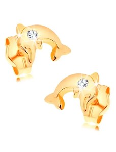 Ekszer Eshop - Fülbevaló 14K sárga aranyból - fényes ugró delfin, átlátszó cirkónia GG148.04