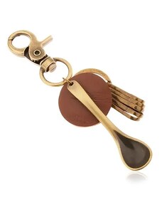 Ekszer Eshop - Sárgaréz színű medálos kulcstartó, barna műbőr karika, kiskanál Z36.14