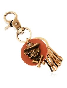 Ekszer Eshop - Sárgaréz színű medál kulcstartóra, barna karika, koponya kalappal Z38.12