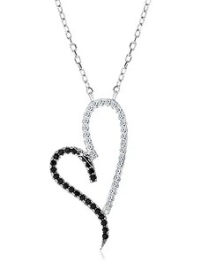 Ekszer Eshop - 925 ezüst nyaklánc, aszimmetrikus szív körvonal, átlátszó és fekete cirkóniák S09.07