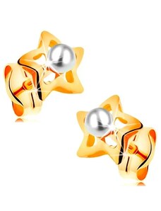 Ekszer Eshop - 14K arany fülbevaló - csillogó csillag középen fehér gyönggyel GG161.13