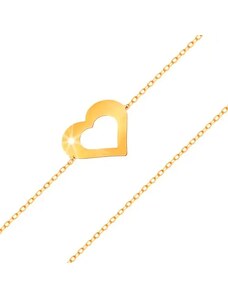 Ekszer Eshop - Karkötő 14K sárga aranyból - finom lánc, lapos szív körvonal, fényes és sima felület S3GG159.23