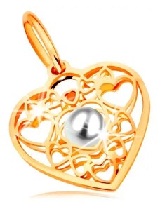 Ekszer Eshop - Medál 585 sárga aranyból - szív szívecske körvonalakkal díszítve és fehér gyönggyel a közepén GG167.08