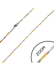 Ekszer Eshop - Acél lánc, keskeny szögletes elemek arany és ezüst színben vonalakkal, 1,5 mm Z28.11
