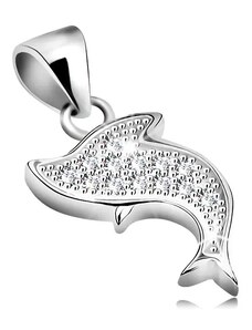Ekszer Eshop - Medál 925 ezüstből, ródiumozott, ugró delfin átlátszó cirkóniákkal AA17.22