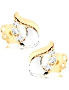 Ekszer Eshop - Gyémánt fülbevaló - fényes könnycsepp 14K fehér és sárga aranyból, három átlátszó briliáns S3BT502.09