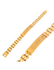 Ekszer Eshop - Sebészeti acél karkötő arany színben, matt tábla görög kulccsal Z48.16