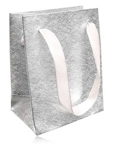 Ekszer Eshop - Ajándéktáska, fényes rácsos felület ezüst színben, szalagok GY57