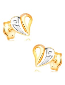 Ekszer Eshop - Briliáns fülbevaló sárga és fehér 14K aranyból - szív kivágásokkal és gyémánttal BT502.23