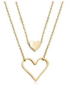 Ekszer Eshop - Arany színű acél nyakék, kicsi teli szív, nagy szív körvonal, két lánc R01.11