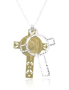 Ekszer Eshop - 925 ezüst nyaklánc, kereszt kivágásokkal és Jézussal arany és ezüst színben SP85.27