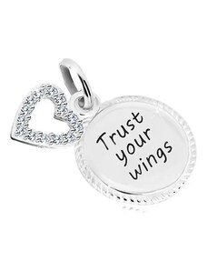 Ekszer Eshop - 925 ezüst medál - kör "Trust your wings" felirattal, szív cirkóniákkal AC05.31