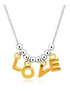 Ekszer Eshop - 925 ezüst nyaklánc - lánc, "L-O-V-E" betűk arany színárnyalatban és golyók AC24.23