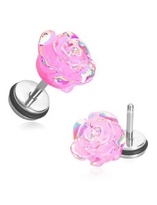 Ekszer Eshop - Fake plug akrilból - nyíló rózsaszínű rózsa szivráványszínű tükrözödésekkel W25.06
