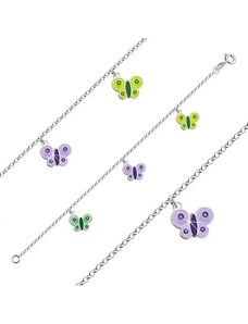 Ekszer Eshop - 925 ezüst karkötő gyerekeknek - pillangók zöld és lila fénymázzal G18.08