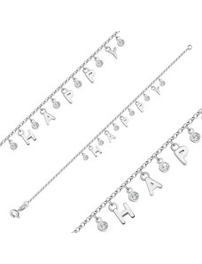 Ekszer Eshop - 925 ezüst karkötő - betűkből kirakott "HAPPY" felirat, kerek átlátszó cirkóniák A01.03