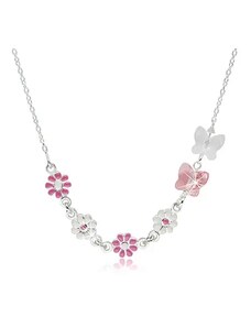 Ekszer Eshop - Gyerek nyaklánc 925 ezüstből - virágok rózsaszín és fehér fénymázzal, pillangók szintetikus kristályokból G19.05
