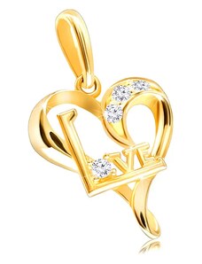 Ekszer Eshop - 375 Sárgaarany gyémánt medál - kis szívkontúr, tiszta briliánsok, „Love”-(szeretet) felirat S3BT506.40