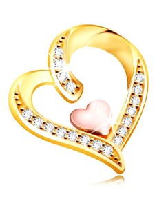 Ekszer Eshop - Medál 14K aranyból – cirkóniákkal díszített szabálytalan szív egy kisebb szívvel középen S1GG236.01