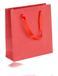 Ekszer Eshop - Papír ajándék tasak - piros, fehér pöttyökkel, sima felülettel Y31.04
