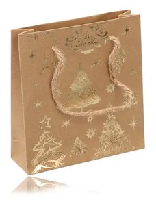 Ekszer Eshop - Papír ajándék táska - barna-arany színű, karácsonyi motívummal, zsinórral Y55.20