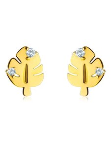 Ekszer Eshop - Gyémánt 585 arany fülbevaló - fényes Monstera levél rovátkákkal és szárral, két tiszta briliánssal S3BT509.93