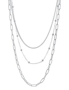 Ekszer Eshop - Acél nyaklánc ezüst színben - hármas lánc különböző mintákkal, gyöngyökkel SP16.17