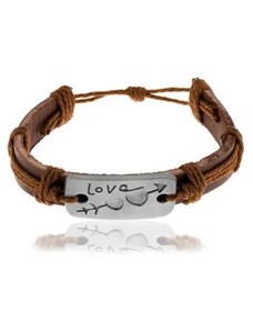 Ekszer Eshop - Brown leather bracelet with strings, a rectangle with carved hearts, Love Z22.08
