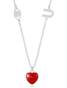 Ekszer Eshop - 925 ezüst nyaklánc - védőszem, piros szív, "U" betű, átlátszó cirkóniák AC05.11