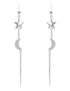 Ekszer Eshop - 925 ezüst lógós fülbevaló - csillag, félhold, átlátszó cirkóniák, vékony henger, lánccal G16.14