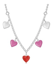 Ekszer Eshop - 925 ezüst gyerek nyaklánc - vékony lánc, három színű szívekkel AA04.07