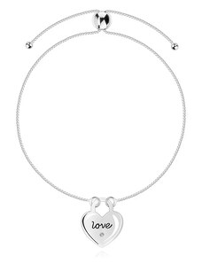 Ekszer Eshop - 925 ezüst bokalánc - átlátszó gyémánt, szív, LOVE felirat T06.02