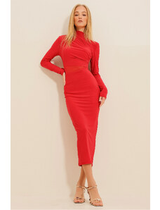 Trend Alaçatı Stili Women's Red High Collar Draped Waist Tulle Detailed Midi Dress