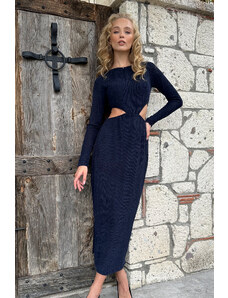 Trend Alaçatı Stili Women's Navy Blue Outcut Cut Self-Textured Midi Dress