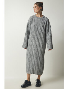 Happiness İstanbul Women's Gray Knit Detailed Thick Oversize Knitwear Dress
