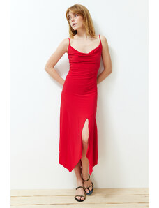 Trendyol Red Turndown Collar Strappy Body-Shouldered Slit Flexible Knitted Midi Dress