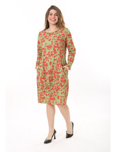 Şans Women's Plus Size Green Organic Cotton Fabric Cup Detailed Long Sleeve Dress