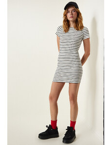 Happiness İstanbul Women's White Striped Knitted Mini Dress