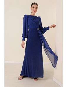 By Saygı Gemstone Accessory Lycra Chiffon Detail Lined Long, Glittery Wide Body Evening Dress.