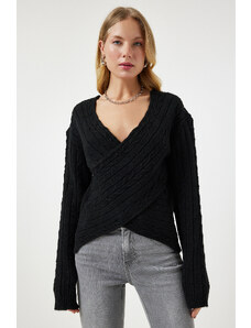 Happiness İstanbul Women's Black Wrapover Neck Seasonal Knitwear Sweater