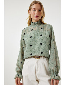 Happiness İstanbul Women's Almond Green Marked Polka Dot Woven Blouse