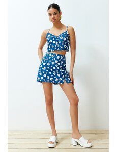 Trendyol Blue Floral Pattern Woven Short Skirt