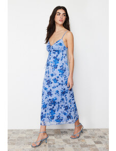 Trendyol Blue Printed Maxi Length Sweetheart Neckline Knitted Maxi Dress