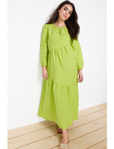 Trendyol Oil Green Gathered Detailed Cotton Wide Fit Woven Dress