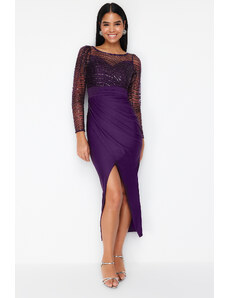 Trendyol Purple Tulle Detailed Knitted Elegant Evening Dress