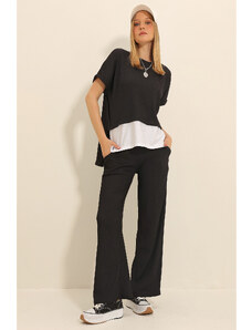 Trend Alaçatı Stili Women's Black Crew Neck Skirt Garnished Blouse and Palazzo Trousers Double Crinkle Suit