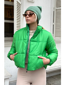Trend Alaçatı Stili női világoszöld magas nyakú dupla zsebes rugalmas derék puffer kabát